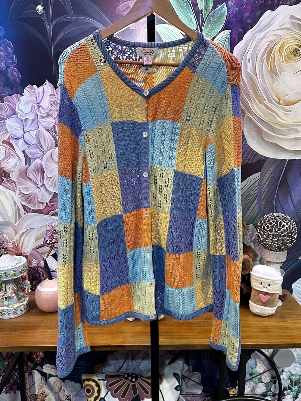 Talbots XL Cotton Cardigan Patchwork Colorblock Open Knit Y2K Grandpacore
